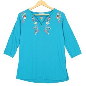 Embroidered Designs Tunic Top L Teal Floral Boho Artisan Cotton Embroider Blouse